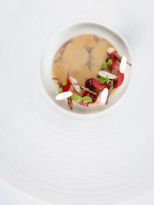 Swiss Deluxe Hotels Stories Summer 2021 Chefs Portrait Stefan Heilemann 01 Entenleber Sauerkirsche Räucheraal Brioch Ecirgb